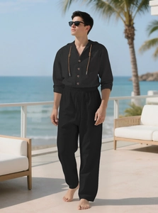 Ensemble décontracté en lin noir pour homme avec chemise à capuche et pantalon large