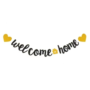 Welcome Home black banner with golden heart and house shapes for party decor