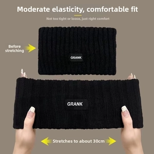 Detail view of elastic black ribbed knitted headband showing 30cm stretch capability