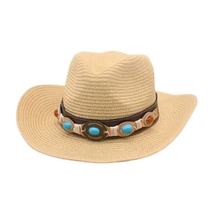 Sombrero de Paja Vaquero Occidental Bohemio Con Cinturón Étnico de Turquesa para Mujer Protección Solar de Ala Ancha para Playa y Viajes