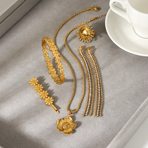 Flower Sun Jewelry Women Stainless Steel Rhinestone Tassel Necklace Earrings Ring Bangle Hair Clip 18K Gold Plated Niche Design