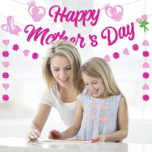 Pink glitter Happy Mother's Day banner set with heart and flower decor for home parties