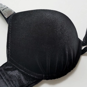 Velvet push-up bra in black with shimmering diamond-encrusted straps and pleated texture