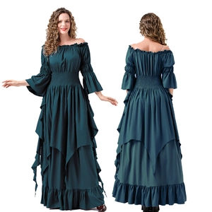 Dark green Renaissance medieval gown with corset waist and tiered ruffle hemline design