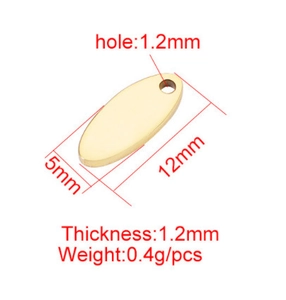 Technical drawing showing 12mm x 5mm gold stainless steel oval charm dimensions and specs