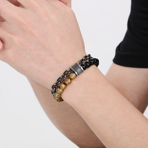 Double-layer men's bracelet with black onyx, tiger eye beads and stainless steel chains