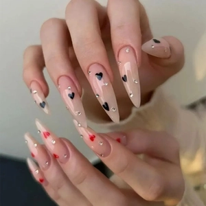 French Long Stiletto Press On Nails Pink Gradient Red Black Heart Pattern Rhinestone Artificial False Nails Women