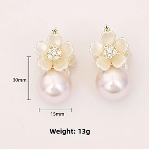 Detailed view of pearl flower earrings with 30mm height and 15mm width measurements