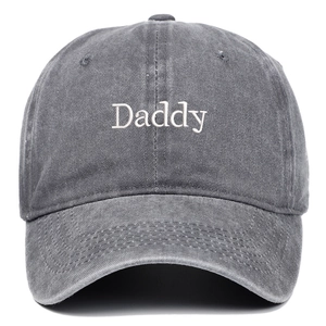Front view of washed grey cotton baseball cap with white Daddy letter embroidery