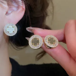 French Vintage Round Stud Earrings Gold Plated Copper Baguette Cubic Zirconia Clover Niche Jewelry With Silver Earring Post