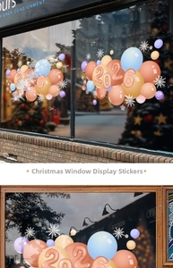 Detail showing 2026 Christmas window stickers with macaron balloons and snowflakes