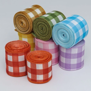 Pink and white plaid Christmas burlap ribbon with wire edges for gift wrapping decor