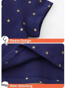 Navy blue girls short sleeve knit dress featuring sparkling gold star embroidery detail
