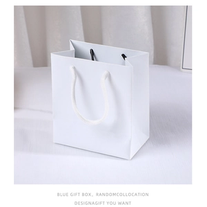 Minimalist white paper gift bag with matching woven handles and premium thick texture
