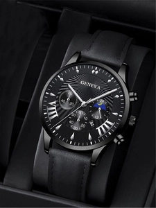 Close-up of black leather strap watch for men with multi-functional Geneva dial details