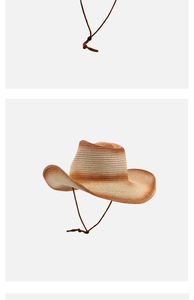Detail of western woven straw hat featuring gradient brown finish and adjustable chin strap