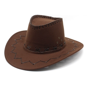 Dark brown wide-brim western cowboy hat with decorative stitching and metal eyelets