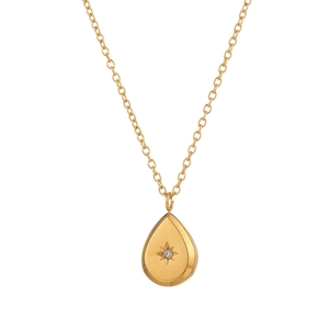 18K gold plated stainless steel teardrop pendant necklace with starburst zircon