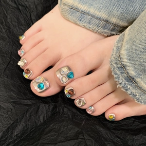 Handmade Silver Mirror Powder Press On Toenails With Colorful Heart Rhinestone Sparkly Toenail Art Footwear Decoration