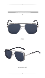 Steampunk sunglasses detail showing silver metal frame with side mesh and grey lenses