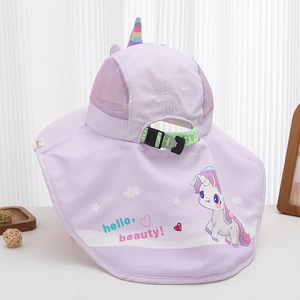 Purple unicorn sun hat for girls with neck flap and breathable mesh in outdoor setting