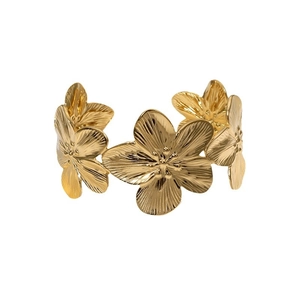 Retro wide golden floral bangle with brushed metal texture and open cuff design