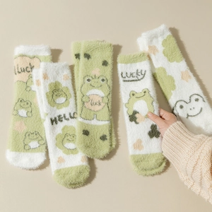 Fuzzy Mink Velvet Floor Socks Women Thickened Winter Warm Indoor Home Sleep Plush Cute Cartoon Frog Mid-Tube Socks