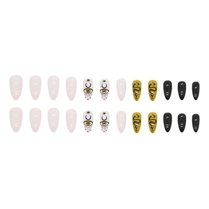 24-piece snake and moon mystery press-on nails in pink, black, and yellow tones