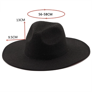 Classic black straw fedora with 9.5cm wide brim and 56-58cm adjustable circumference