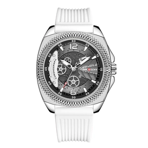 Herren-Chronograph in Tonneau-Form mit Silbergehäuse, grauem Zifferblatt und weißem Silikonband