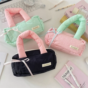 Soft quilted large capacity stationery bags in green pink and black with contrast handles