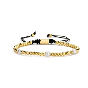 Bracelet tissé ajustable avec perles dorées, perles blanches et cordon noir moderne