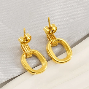 Vertical Oval Geometric Stud Earrings Stainless Steel 18K Gold Plated Retro Minimalist INS Style For Women