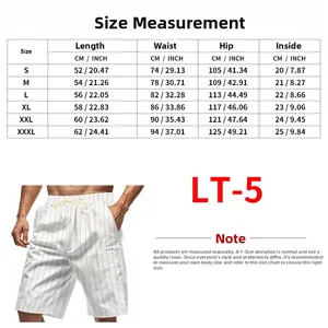 Size chart for casual linen beach shorts showing waist, hip, and length measurements