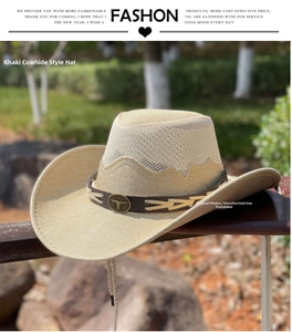 Detail of khaki straw cowboy hat with ventilated crown and metal bull head badge