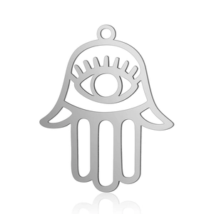 Detailed close-up of a silver stainless steel Hamsa hand pendant with evil eye detail