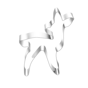 Macro shot of reindeer shaped stainless steel cookie cutter with polished silver finish