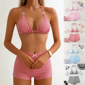 Gingham Checkered Bikini Swimsuit Halter Neck Top And High Waist Boy Shorts Swimwear With Bow Decor Padded