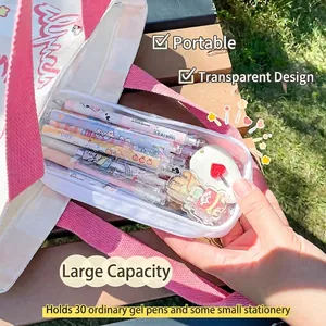 Large capacity transparent PVC pencil bag with white zipper holding 30 pens for students
