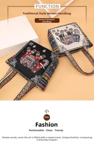 Close-up of ethnic canvas tote bags with woven elephant patterns and striped handles