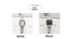 Detail view of square dial quartz watches in silver stainless steel mesh band