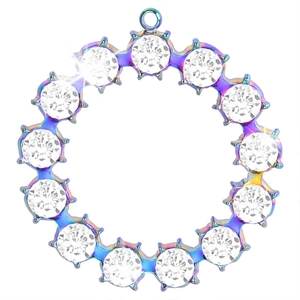 Macro shot of circular colorful metal pendant with fifteen sparkling white zircon stones