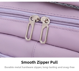 Detailed close-up of smooth silver double metal zippers on a purple nylon backpack