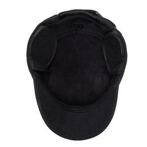 Winter men's wool flat cap in black with folding ear flaps and thick plush lining