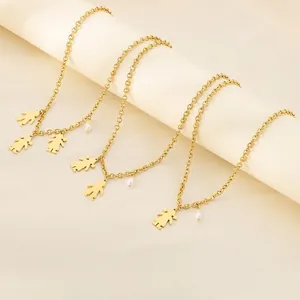 Cartoon Boy And Girl Silhouette Pendant Necklace Stainless Steel Minimalist Family Jewelry With Shell Artificial Pearl