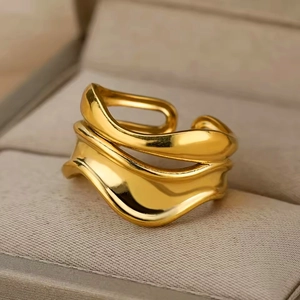 Minimalist 18K gold plated stainless steel open ring with irregular wave texture