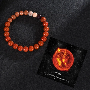 Solar system natural stone beaded bracelet with Sun theme card on black leather