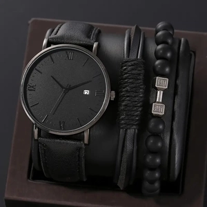 Detail of black quartz watch and braided leather bracelet set in a professional gift box