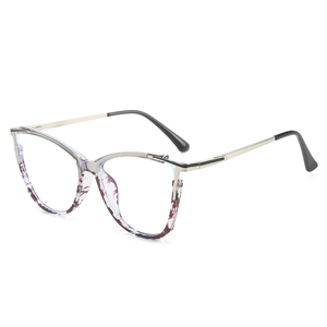 Cat-eye TR90 blue light glasses with silver metal and reddish-brown floral frame