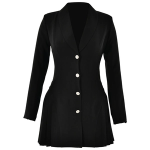 Robe blazer noire chic pour femme avec col en V profond, manches longues et jupe plissée